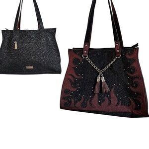 VINTAGE Cowgirl Western Handbag Sparkle Flames withTassels Black Burgundy NWT